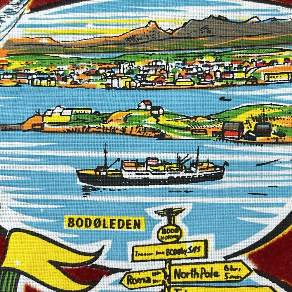 Table Mat Norway Fabric Bodo Landmarks Red Yellow 16x11 Colorful Souvenir Vtg